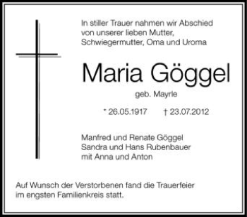 Anzeige von Maria Göggel von Schwäbische Zeitung