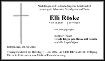 Anzeige von Elli Röske von Schwäbische Zeitung