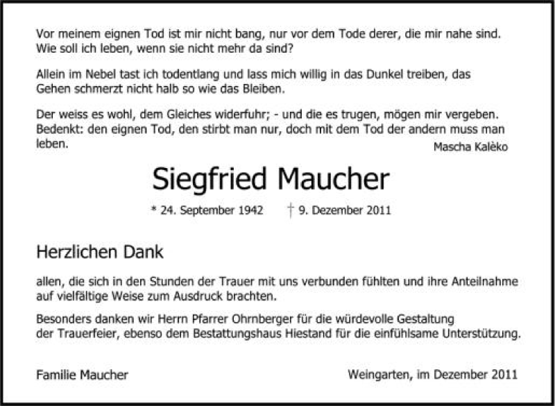  Traueranzeige für Siegfried Maucher vom 21.12.2011 aus Schwäbische Zeitung