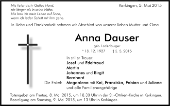 Anzeige von Anna Dauser von Schwäbische Zeitung