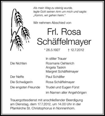 Anzeige von Rosa Schäffelmayer von Schwäbische Zeitung