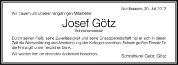 Anzeige von Josef Götz von Schwäbische Zeitung