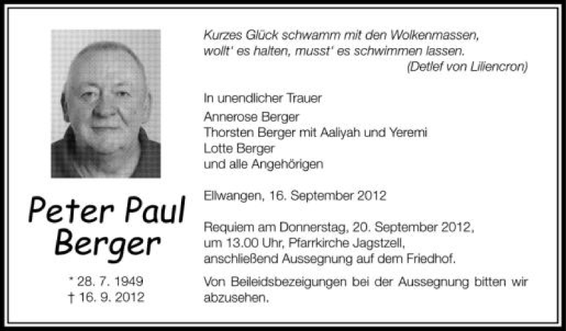  Traueranzeige für Peter Paul Berger vom 19.09.2012 aus Schwäbische Zeitung