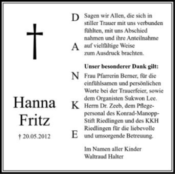 Anzeige von Hanna Fritz von Schwäbische Zeitung