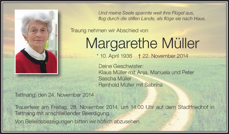  Traueranzeige für Margarethe Müller vom 24.11.2014 aus Schwäbische Zeitung