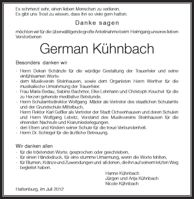  Traueranzeige für German Kühnbach vom 04.07.2012 aus Schwäbische Zeitung