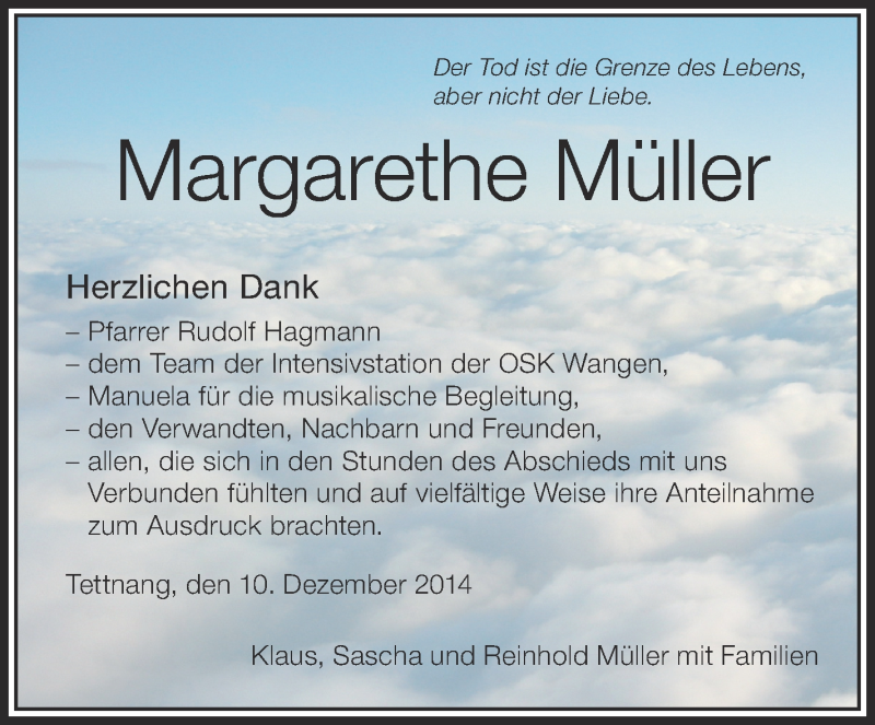  Traueranzeige für Margarethe Müller vom 10.12.2014 aus Schwäbische Zeitung