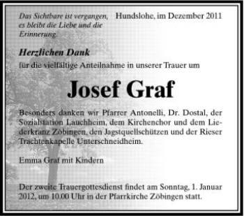 Anzeige von Josef Graf von Schwäbische Zeitung