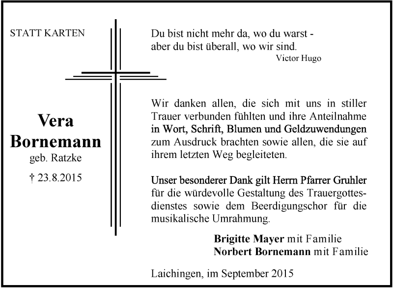  Traueranzeige für Vera Bornemann vom 12.09.2015 aus Schwäbische Zeitung