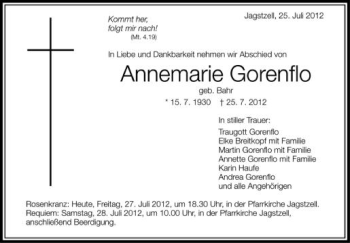 Anzeige von Annemarie Gorenflo von Schwäbische Zeitung