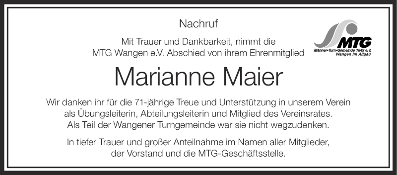  Traueranzeige für Marianne Maier vom 23.12.2015 aus Schwäbische Zeitung