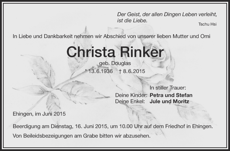  Traueranzeige für Christa Rinker vom 13.06.2015 aus Schwäbische Zeitung