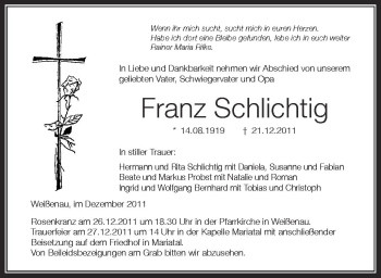 Anzeige von Franz Schlichtig von Schwäbische Zeitung