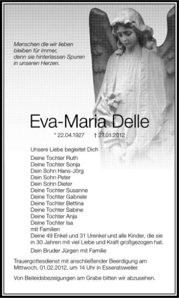 Anzeige von Eva-Maria Delle  von Schwäbische Zeitung