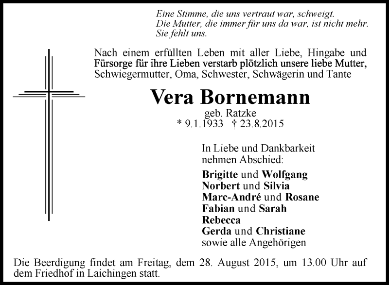  Traueranzeige für Vera Bornemann vom 26.08.2015 aus Schwäbische Zeitung