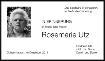 Anzeige von Rosemarie Utz von Schwäbische Zeitung