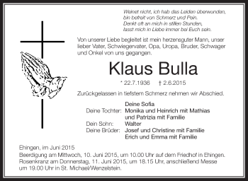 Anzeige von Klaus Bulla von Schwäbische Zeitung
