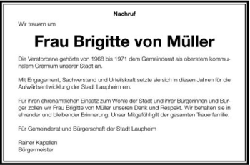 Anzeige von Brigitte von Müller von Schwäbische Zeitung