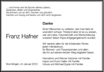 Anzeige von Franz Hafer von Schwäbische Zeitung