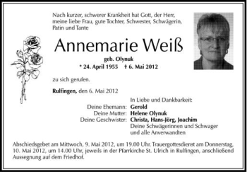 Anzeige von Annemarie Weiß von Schwäbische Zeitung