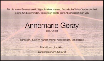 Anzeige von Annemarie Geray von Schwäbische Zeitung