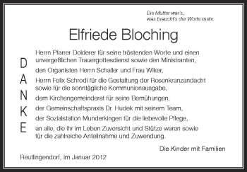 Anzeige von Elfriede Bloching von Schwäbische Zeitung