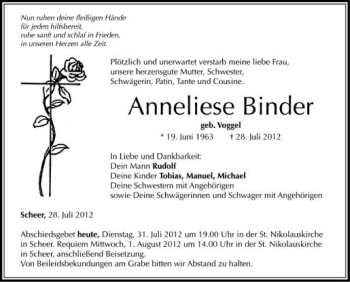 Anzeige von Anneliese Binder von Schwäbische Zeitung