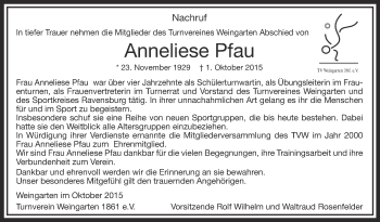 Anzeige von Anneliese Pfau von Schwäbische Zeitung