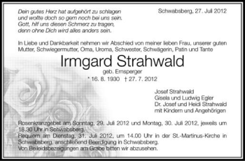 Anzeige von Irmgard Strahwald von Schwäbische Zeitung