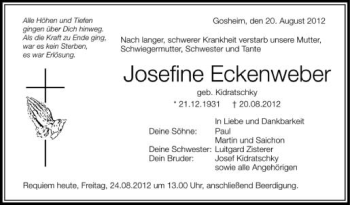 Anzeige von Josefine Eckenweber von Schwäbische Zeitung