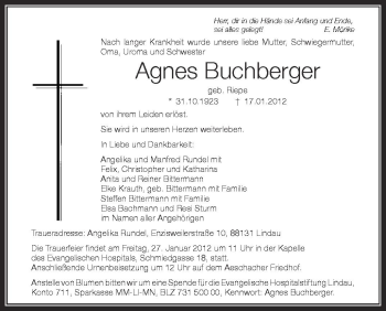 Anzeige von Agnes Buchberger von Schwäbische Zeitung
