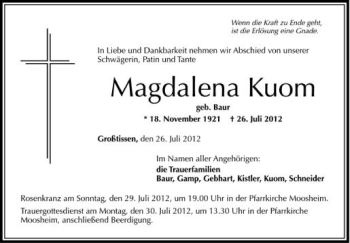 Anzeige von Magdalena Kuom von Schwäbische Zeitung