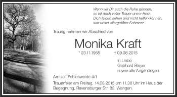 Anzeige von Monika Kraft von Schwäbische Zeitung