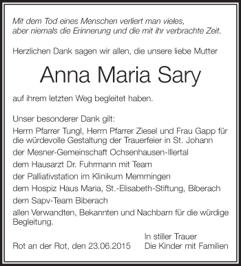 Anzeige von Anna Maria Sary von Schwäbische Zeitung