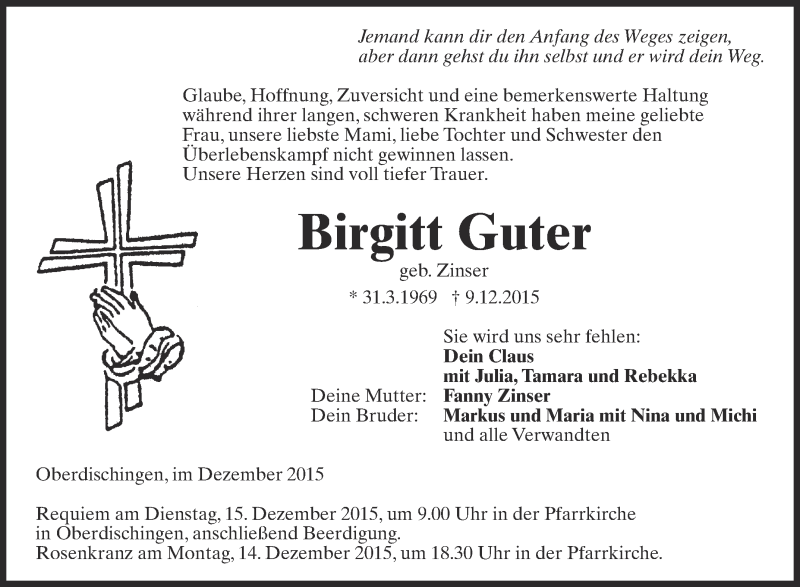  Traueranzeige für Birgitt Guter vom 12.12.2015 aus Schwäbische Zeitung
