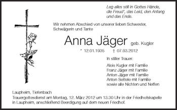 Anzeige von Anna Jäger von Schwäbische Zeitung