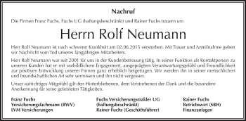 Anzeige von Rolf Neumann von Schwäbische Zeitung