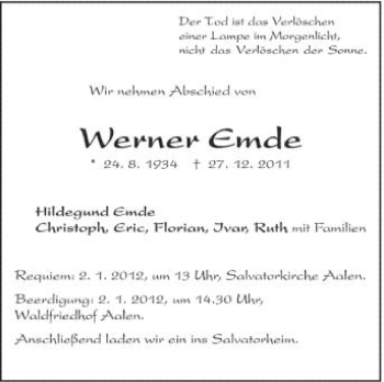 Anzeige von Werner Emde von Schwäbische Zeitung