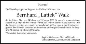 Anzeige von Bernhard Walk von Schwäbische Zeitung