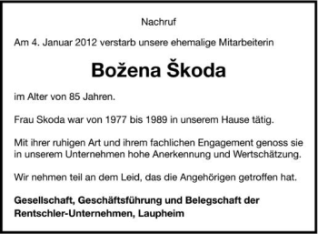 Anzeige von Bozena Skoda von Schwäbische Zeitung