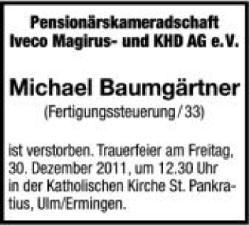 Anzeige von Michael Baumgärtner von Schwäbische Zeitung