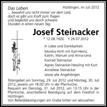 Anzeige von Josef Steinacker von Schwäbische Zeitung