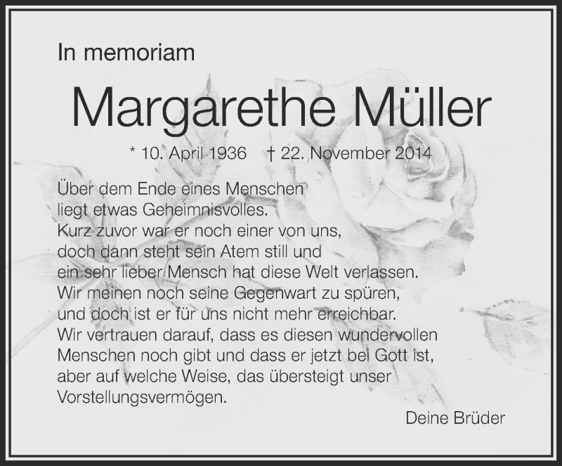  Traueranzeige für Margarethe Müller vom 10.02.2015 aus Schwäbische Zeitung