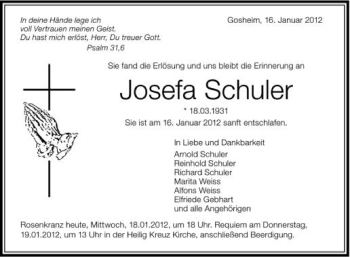 Anzeige von Josefa Schuler von Schwäbische Zeitung