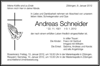 Anzeige von Andreas Schneider von Schwäbische Zeitung