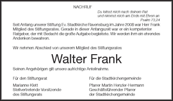 Anzeige von Walter Frank von Schwäbische Zeitung