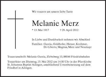 Anzeige von Melanie Merz von Schwäbische Zeitung