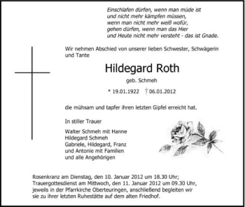 Anzeige von Hildegard Roth von Schwäbische Zeitung