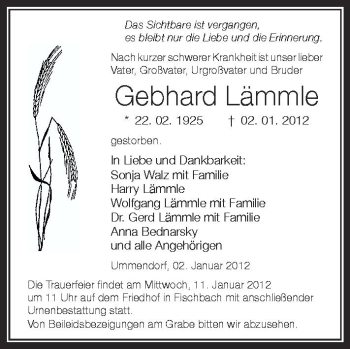 Anzeige von Gebhard Lämmle von Schwäbische Zeitung
