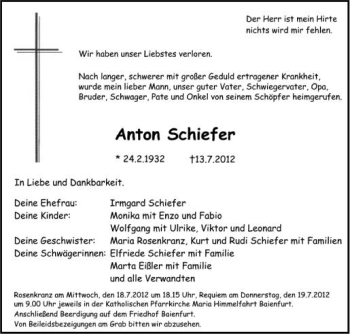 Anzeige von Anton Schiefer von Schwäbische Zeitung